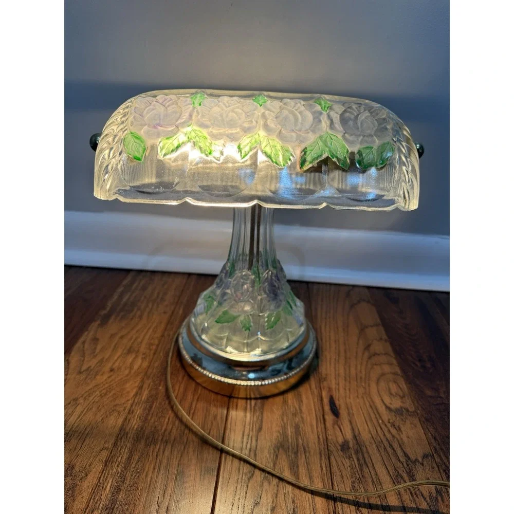 Vintage Anna Hutte Bleikristall Floral‎ Glass Banker's Style Desk Lamp RARE 12